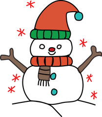 Cute snowman character illustration. Winter season holiday graphic design vector artwork isolated on transparent background. Cartoon drawing of snowman.