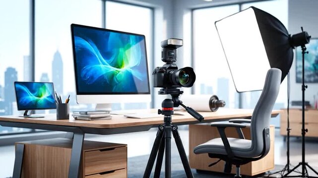 A photography studio setup featuring a camera on a tripod, lights, and a desk with monitors