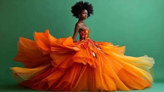 Elegant model in vibrant orange dress against green backdrop