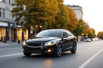 A sleek black sedan drives down a city street lined with autumn trees. The scene captures the essence of urban life during the evening.