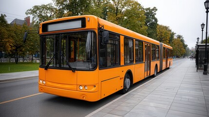 Fototapeta premium An orange city bus is parked on a city street surrounded by trees. The scene is calm and urban, ideal for transportation themes.
