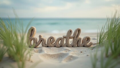 Sand text word breathe sits on beach near sea grass. Calm ocean waves wash ashore under soft sky. Nature scene promotes peace and relaxation.