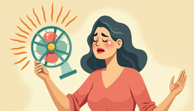 Woman sweats from hot flash, feeling discomfort and heat. She uses a fan for relief. Midlife changes, hormonal shifts and body temp fluctuations are common.