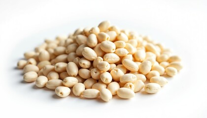 Pile of raw white beans on white background. Concept of healthy eating lifestyle. Vegan nutrition close up. Source of protein and fiber. Ingredient for culinary dishes studio shot.
