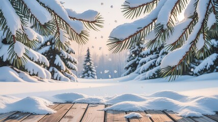 A serene winter wonderland scene with snow covered evergreen trees and a wooden path leading into a soft glowing forest