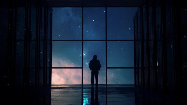 Silhouette of a man standing inside a futuristic building with server racks, looking through a large window at the vast, star filled nebula and galaxy of outer space, contemplating the universe