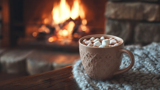 A beige mug of hot chocolate topped with marshmallows sits warmly in front of a cozy fireplace