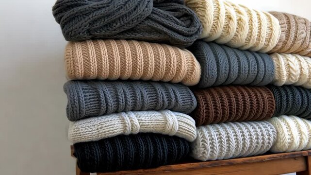 Beautifully arranged knitted sweaters in warm colors showcase soft textures and cozy vibes, perfect for the chilly season ahead