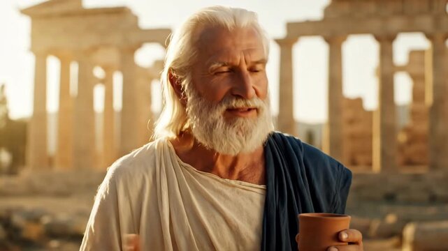 Wise Bearded Man in Ancient Greek Setting with a Clay Cup