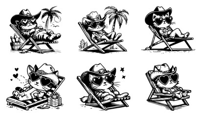 Cowboy cat sunbathing deck chair sunglasses palm tree