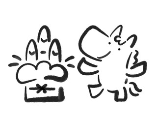 門松で新年のお祝いをする笑顔の馬　モノクロ・正月素材・墨絵