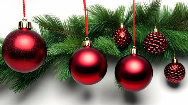 Bright red and gold ornaments dangle from lush pine branches, adding charm to a festive setting for the holiday celebrations