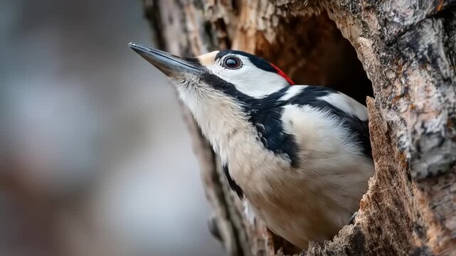 Close up of a woodpecker peeking out from its nest in a tree trunk