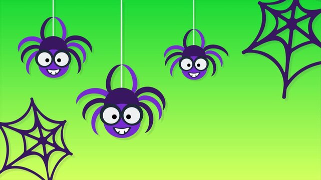 Halloween spiders and web on green background, cute spider animation design. Available in FullHD and 4K video