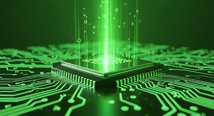 Digital data transfer on a microchip. Concept of powerful processing and quantum computing. Abstract glowing light beam illuminating a circuit board processor