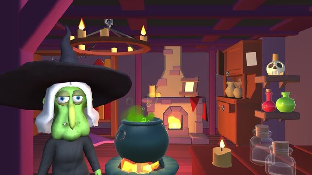 Witch in magic hut brews a potion in a cauldron. Spooky Halloween, human skull with a burning candle and stove