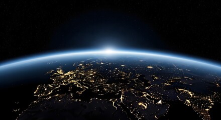 Sunrise over the European continent seen from space. Global communications and interconnected world network. Earth illuminated at dawn with city lights visible across Europe