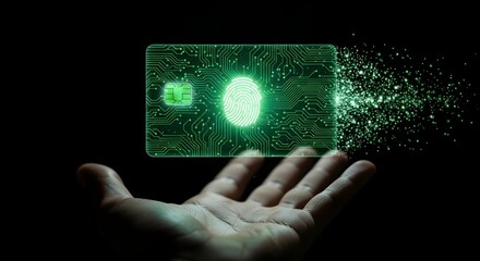 Biometric security system and authentication technology. Financial data protection and safe digital transactions. Hand holding a smart card with a glowing fingerprint scan