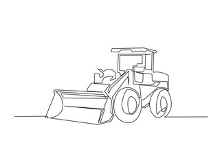 Bulldozer heavy construction vehicle in single outline illustration. Continuous line art drawing of Bulldozer Industrian Vehicle. Editable stroke.