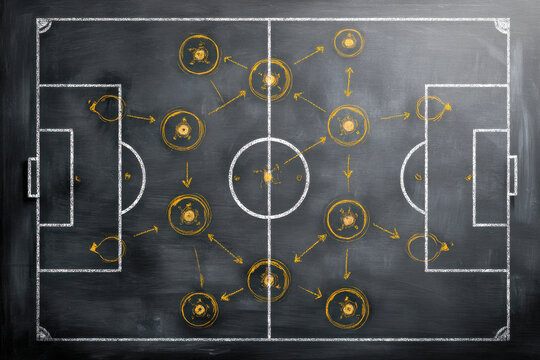 Diagram of strategic player positions and passing directions on a soccer field, illustrating team formation and movement flow for game planning.