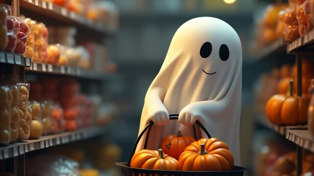 Ghost holding basket of pumpkins in grocery store aisle  