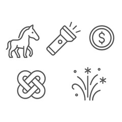 Set of five outline icons: horse, flashlight, dollar coin, decorative knot, fireworks. Thin line, monochrome, isolated on white. design for UI, apps and web