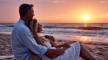 Mature couple embracing on a beach, enjoying a romantic sunset together by the ocean waves - Powered by Adobe