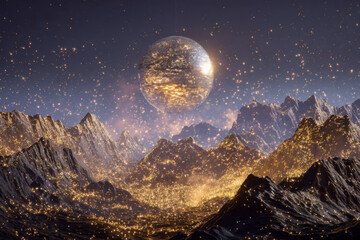 Fantastical cosmic landscape with glittering mountains and a luminous celestial sphere