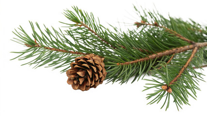 A green pine branch with a brown cone isolated on transparent background