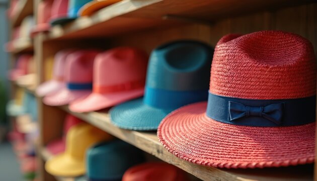 Various straw hats are arranged on shelves. Different colors of summer headwear made of natural eco materials is retailed in shop for tourists. Hats protect from sunlight on vacation.