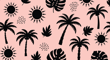 Black silhouettes of tropical elements like palm trees, suns, and leaves forming a seamless pattern on a pastel pink background.