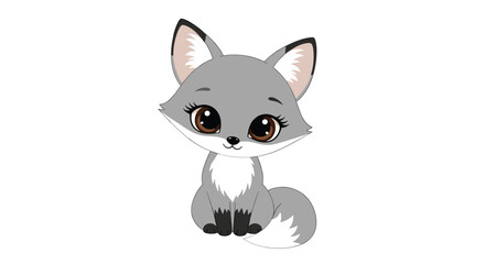 Obraz premium A charming cartoon gray fox with big, sparkling brown eyes sits cheerfully on a clean white background, radiating cuteness and friendly appeal.