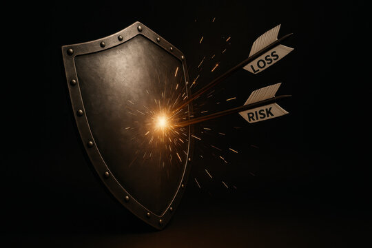 Powerful metal shield provides protection and defense, deflecting arrows labeled risk and loss. dramatic impact with sparks symbolizes security and strong business strategy