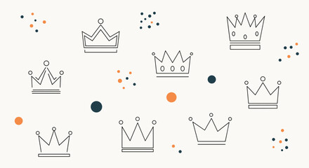 Minimalist pattern of outlined crowns and scattered colorful dots on a light background.