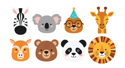 Obraz premium Cute cartoon animal faces collection featuring a zebra, koala, bear, giraffe, deer, panda, and lion on a white background.