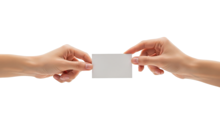 Two hands exchanging a blank white card on a clean white background.