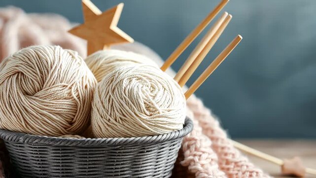 Soft yarn and knitting needles are displayed in a cozy basket, perfect for creative projects during relaxed moments - Powered by Adobe