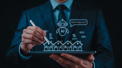 Businessman interacting with ai and smart home technology on a digital interface