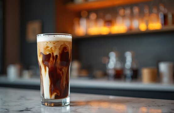 Nitro cold brew coffee cascades in glass with creamy swirls. Artisanal beverage served at modern bar with bokeh lights. Frothy dark drink for cafe culture.