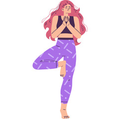 Woman with Pink Hair and Purple Leggings Performing Tree Pose Yoga on a White Background with Closed Eyes and Clasped Hands Focusing on Inner Peace and Balance