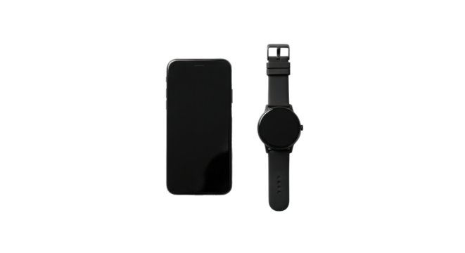 Black Smartphone and Smartwatch on White Background.
