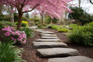 A serene garden pathway lined with pink cherry blossoms and vibrant flowers, creating a peaceful and inviting atmosphere for relaxation and enjoyment.