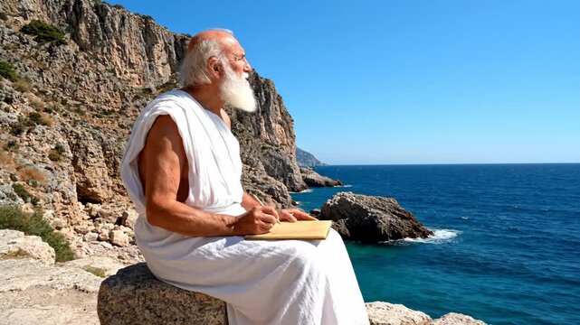 Wise Elder Sitting by the Sea Writing in a Notepad on a Cliff
