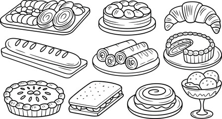 Black and white bakery desserts illustration set with cakes, bread, croissant, cookies, tart, ice cream, sandwich, rolls, pastry