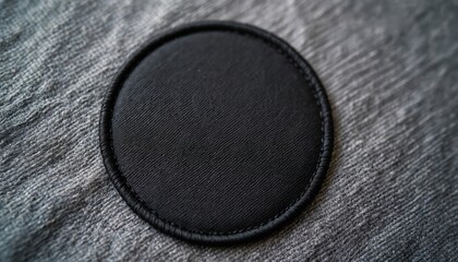 Close up black round patch on grey textile. Iron on template, logotype, custom embroidery with space. Accessory for apparel fashion customizable with blank space. Sewing or craft decor detail.
