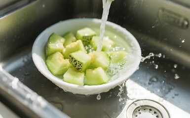 Fresh cantaloupe cubes in white bowl being rinsed under running water in kitchen sink