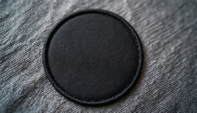 Close up black round patch on grey textile. Iron on template, logotype, custom embroidery with space. Accessory for apparel fashion customizable with blank space. Sewing or craft decor detail.