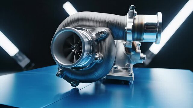 High-Performance Turbocharger Displayed Against Dark Background with Soft Light Highlights for Automotive Enthusiasts and Engineers