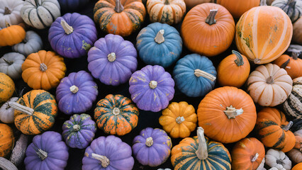 Colorful Pumpkins: A Vibrant Autumnal Display of Orange, Purple, and Blue Gourds