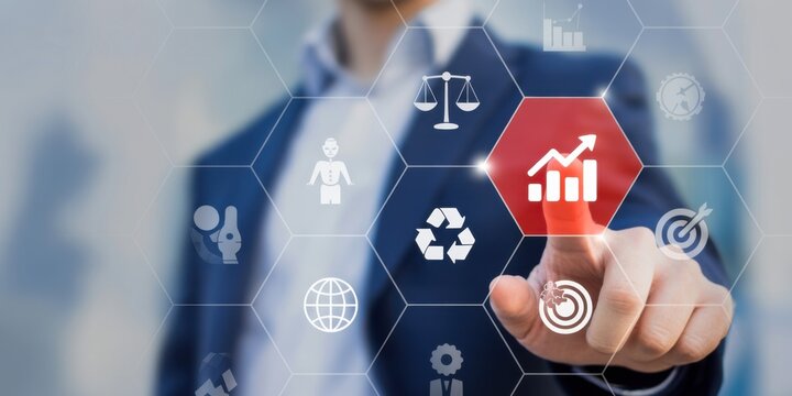 Financial Growth: A focused professional, poised for financial growth, interacts with digital icons representing key financial concepts, driving toward success in the corporate sphere. - Powered by Adobe